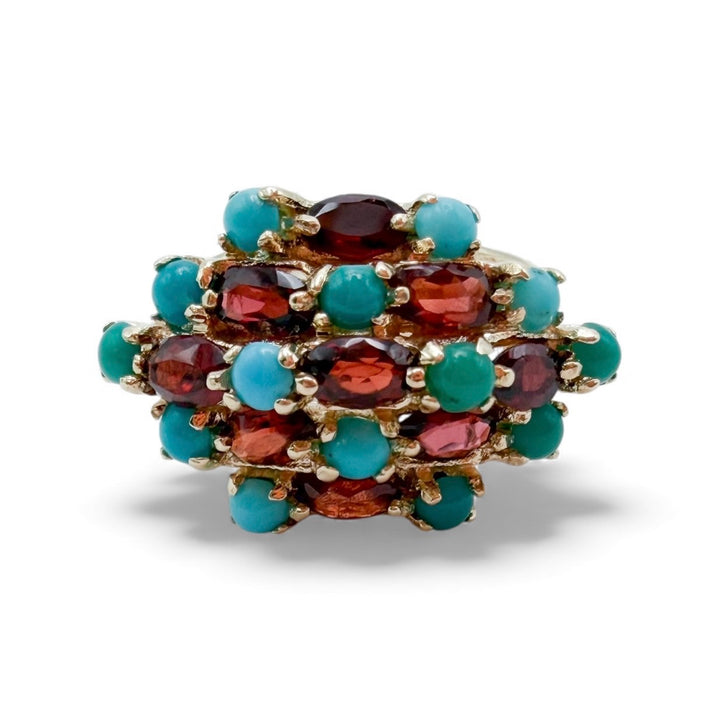 14k Yellow Gold Cluster Turquoise Garnet Estate Ring