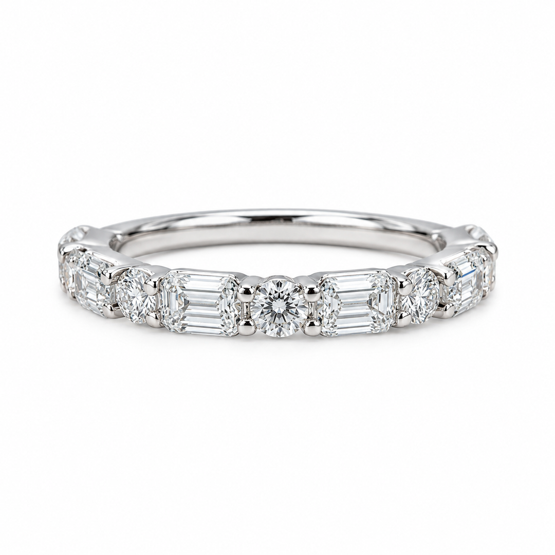 14k White Gold Emerald &amp; Round Diamond Wedding Band