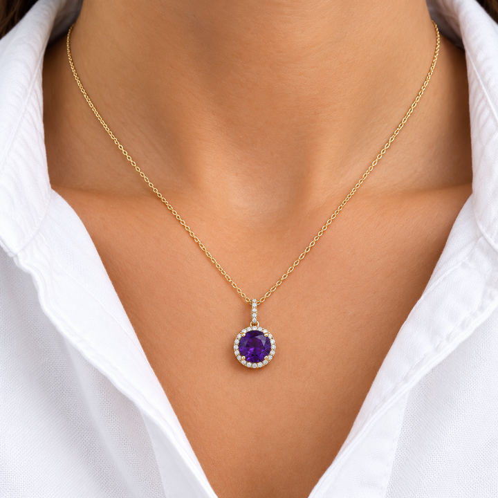 14k Yellow Halo Amethyst Pendant