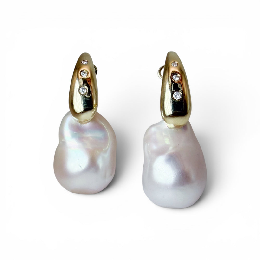 14k Large Drop Pearl Diamond Earrings