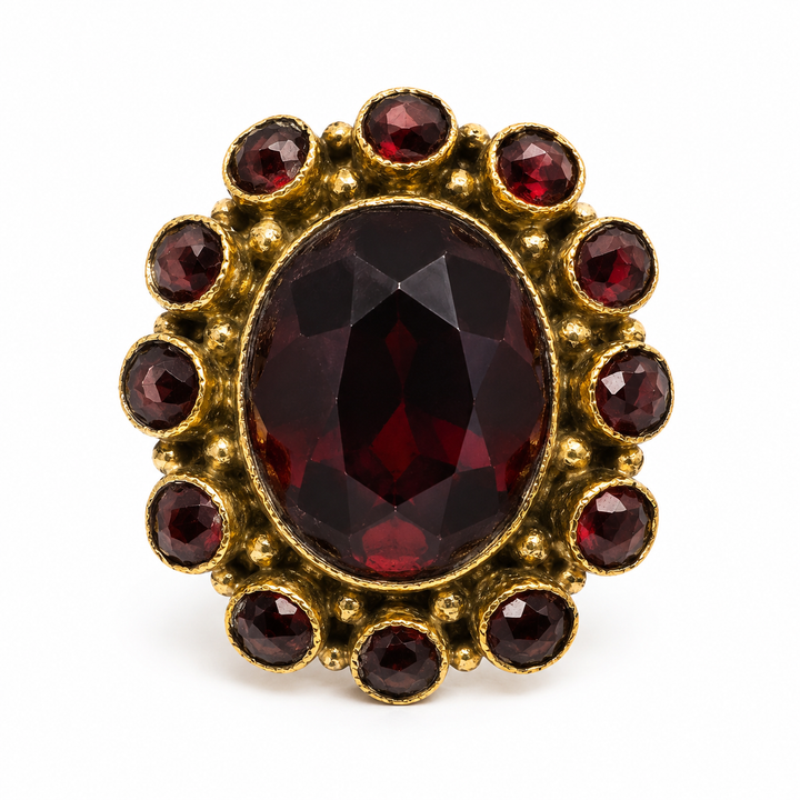14k Yellow Flower Garnet Estate Ring
