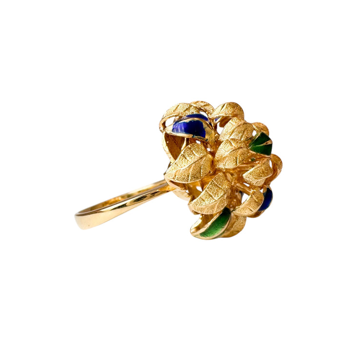 18k Yellow Gold Enamel Flower Estate Ring