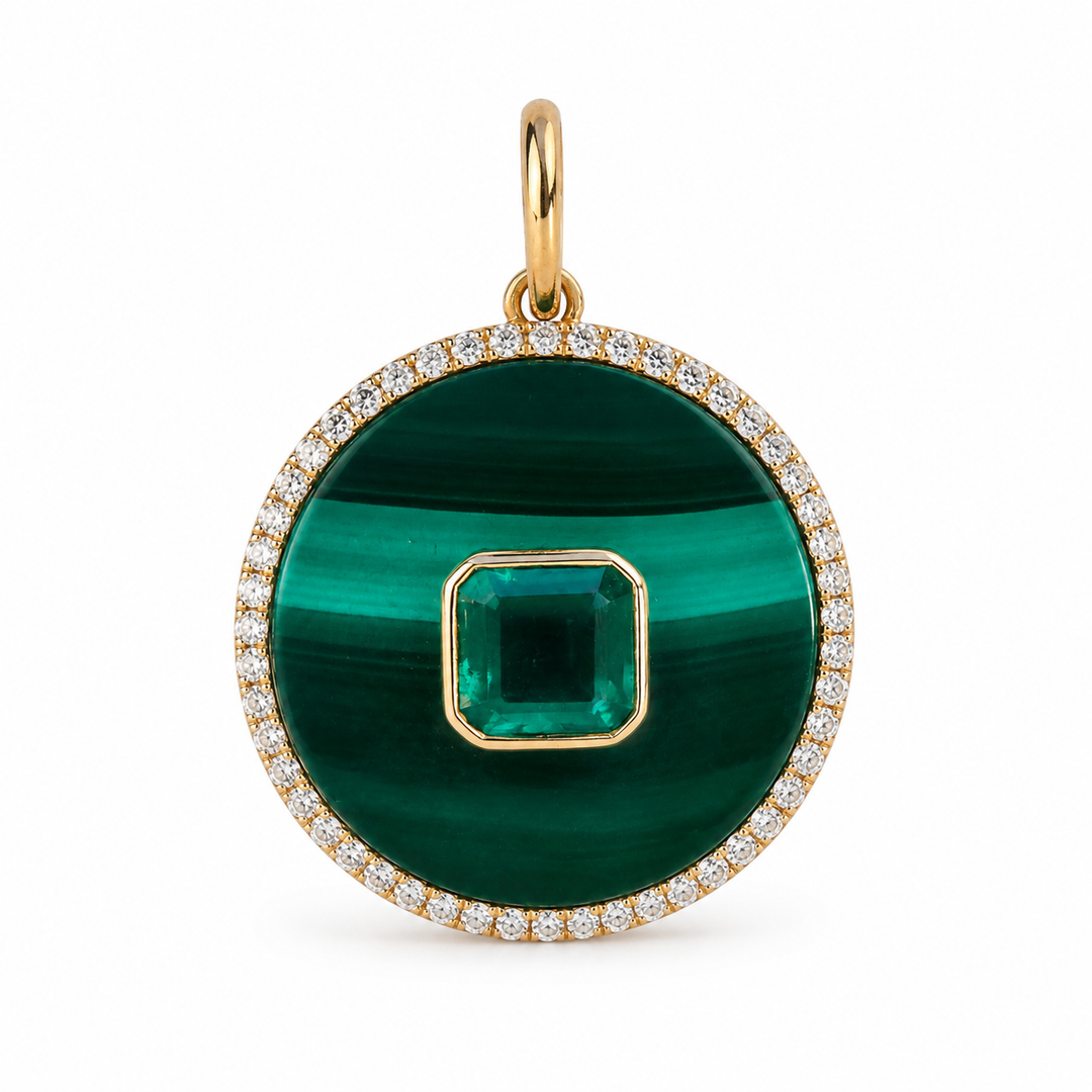 14k Yellow Malachite Emerald Diamond Pendant