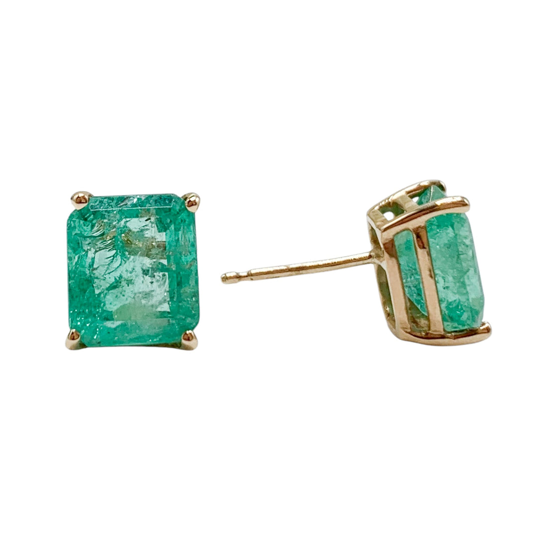 14k Yellow Gold Stud Emeralds Estate Earrings