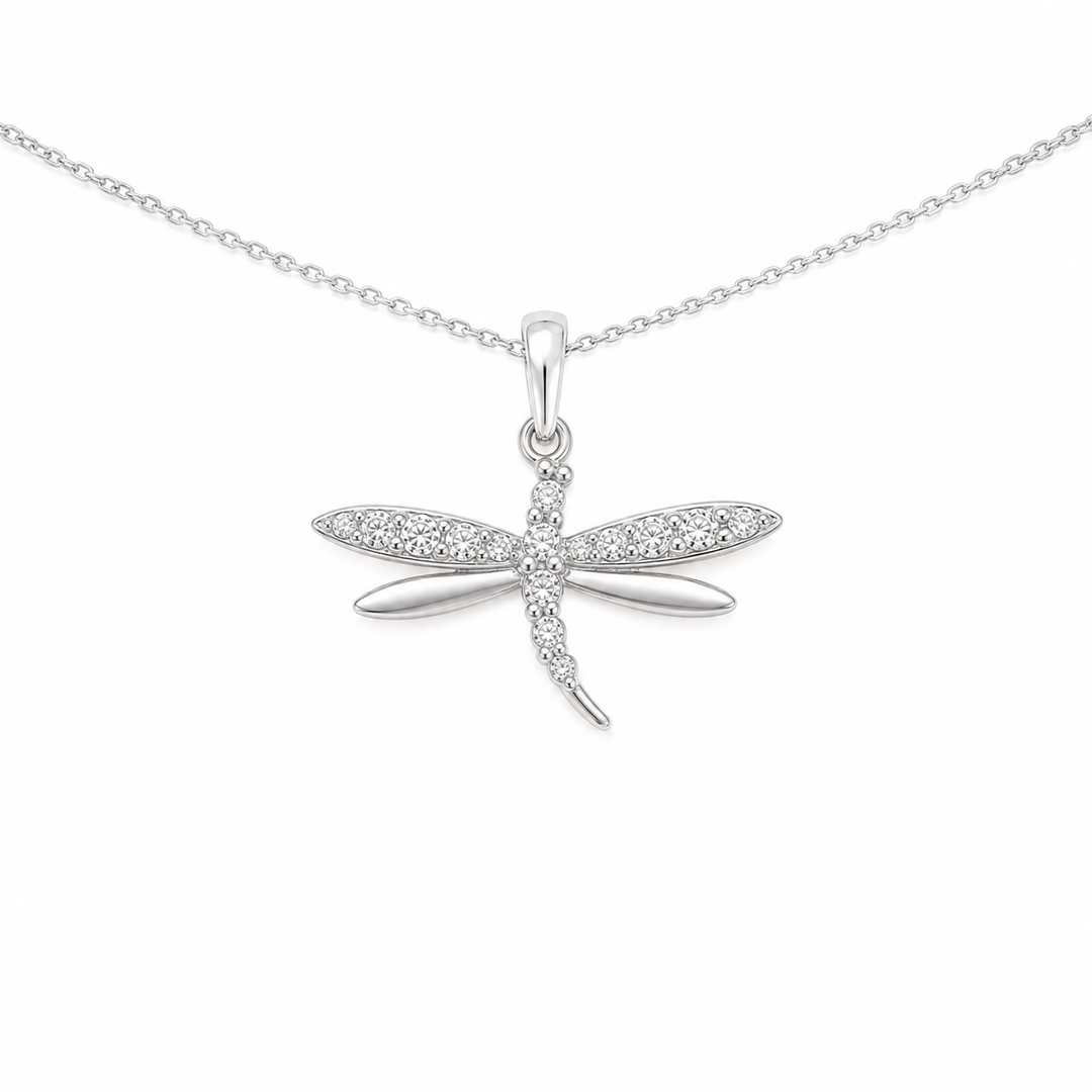 14k White Dragonfly Diamond Pendant