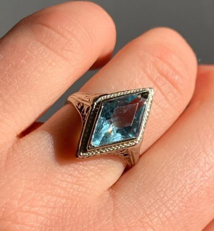 18k White Gold Antique Blue Topaz Estate Ring