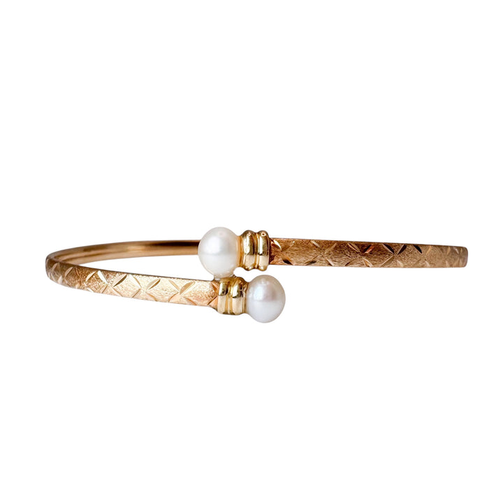 14k Yellow Gold Pearl Bangle Estate Bracelet