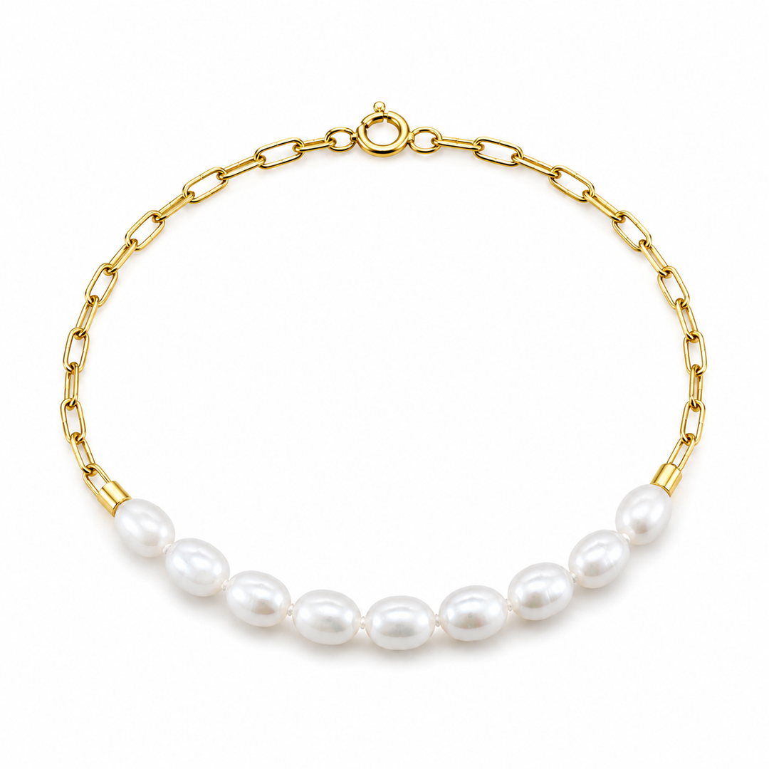 18k Yellow Gold Paper Clip Pearl Bracelet