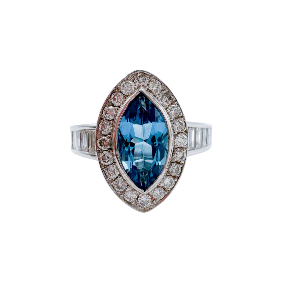 14k White Gold Halo Blue Topaz Estate Ring