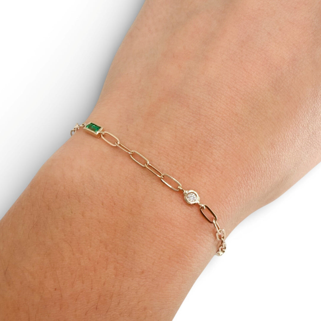 14k Yellow Gold Paper Clip Colored Stone Bracelet