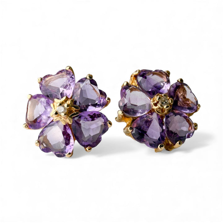 14k Yellow Gold Flower Amethyst Estate Earrings