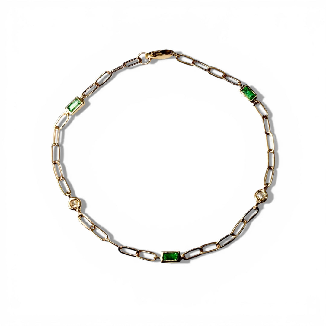 14k Yellow Gold Paper Clip Colored Stone Bracelet