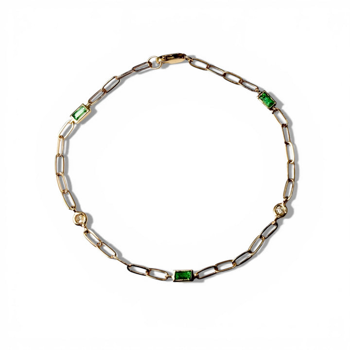 14k Yellow Gold Paper Clip Colored Stone Bracelet