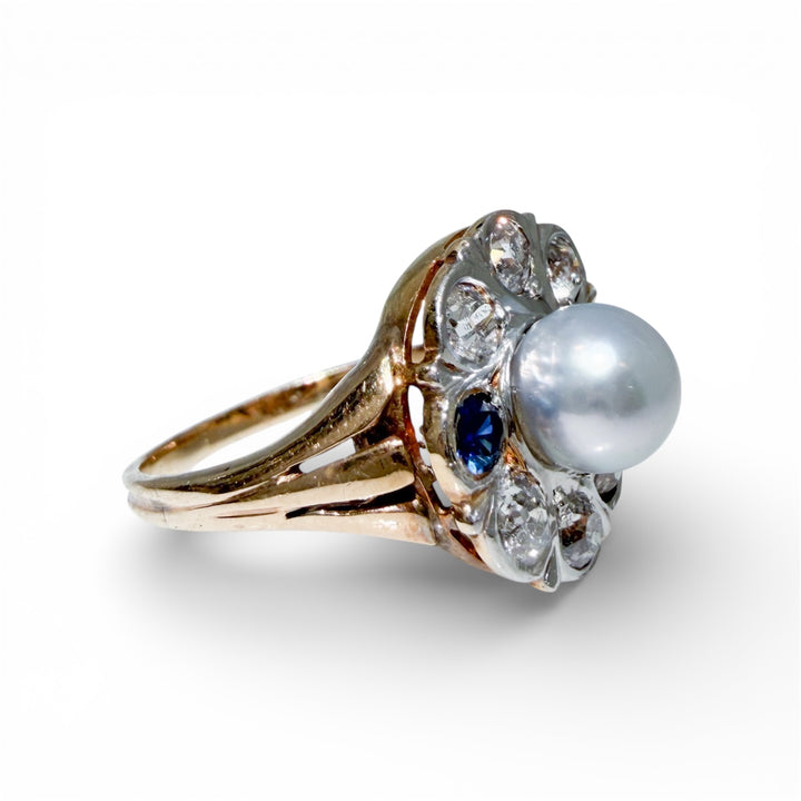 14k Yellow Gold Pearl Sapphire Estate Ring