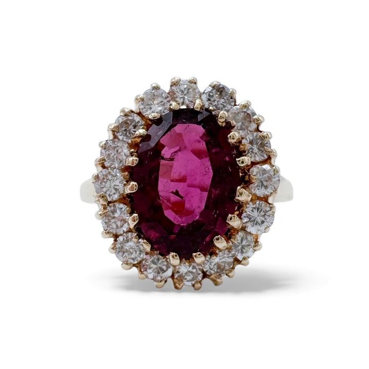 14k Yellow Gold Halo Rubellite Tourmaline Estate Ring