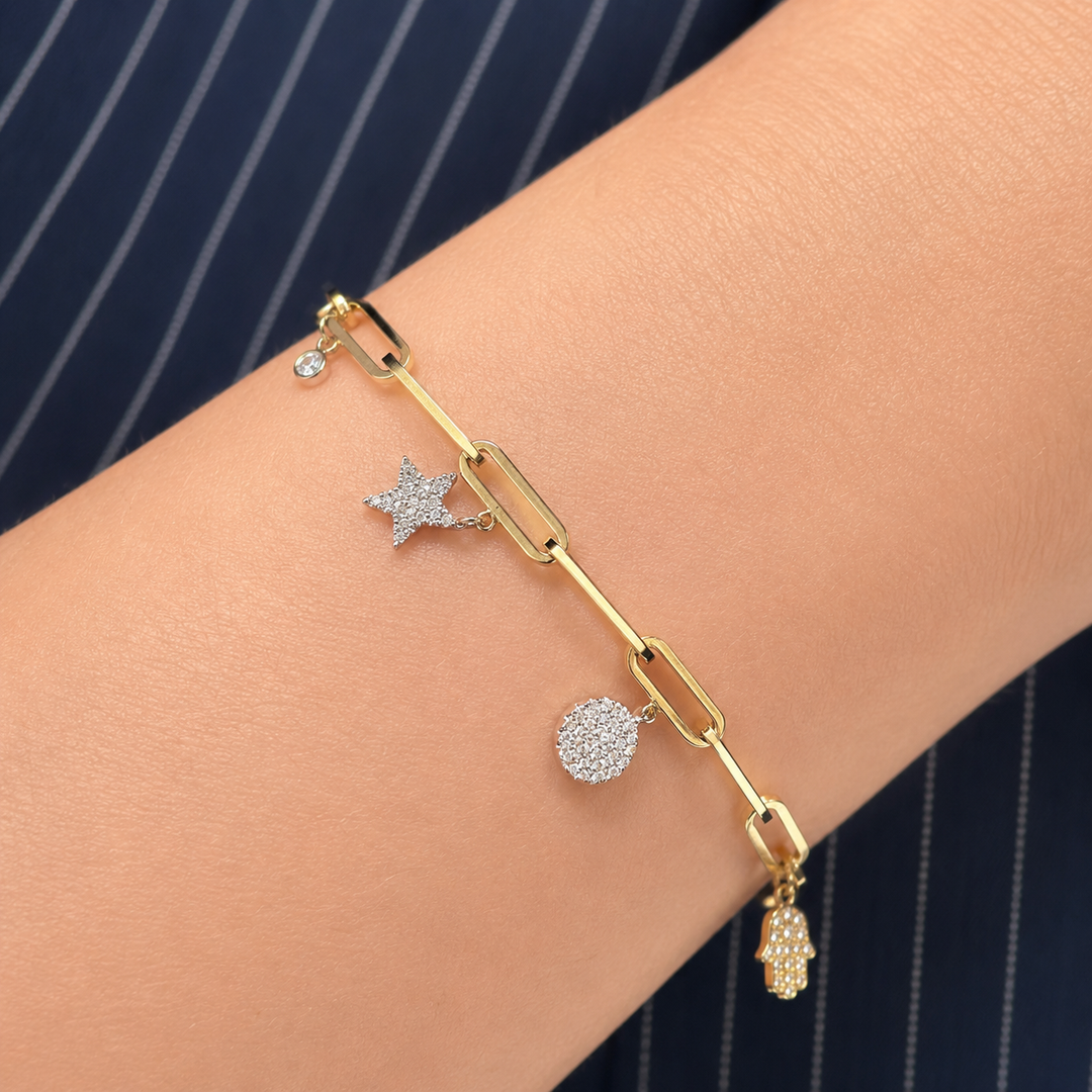 14k Yellow Gold Paper Clip Diamond Bracelet