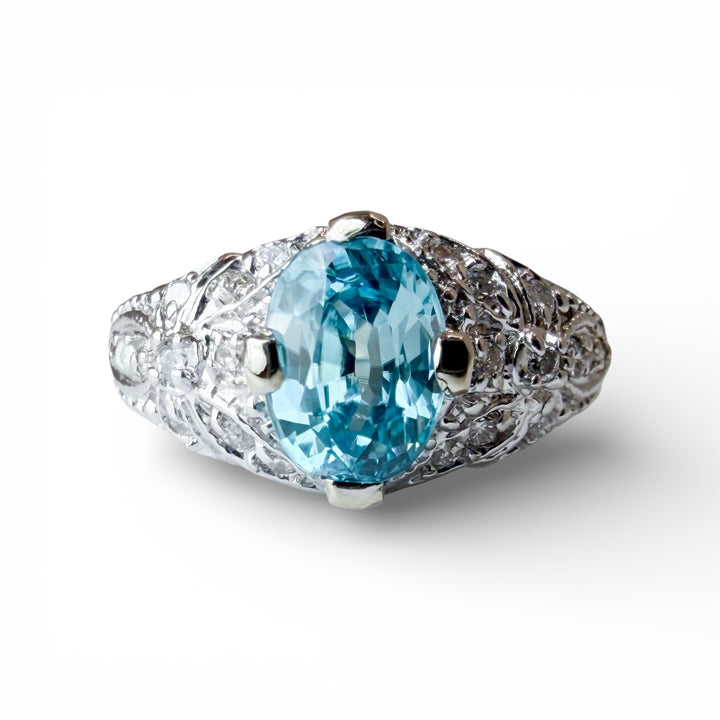 14k White Gold Filigree Blue Zircon Estate Ring