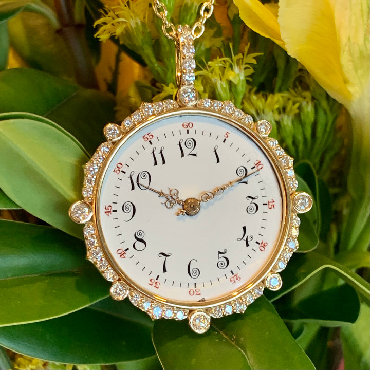 14k Yellow Gold Diamond Clock Pendant