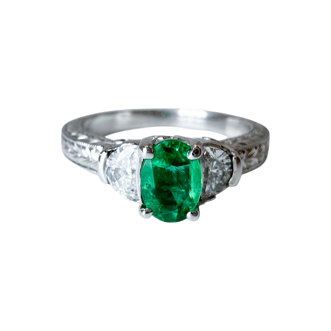 14k White Gold 3 Stone Emerald Estate Ring