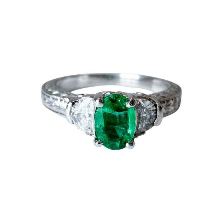 14k White Gold 3 Stone Emerald Estate Ring