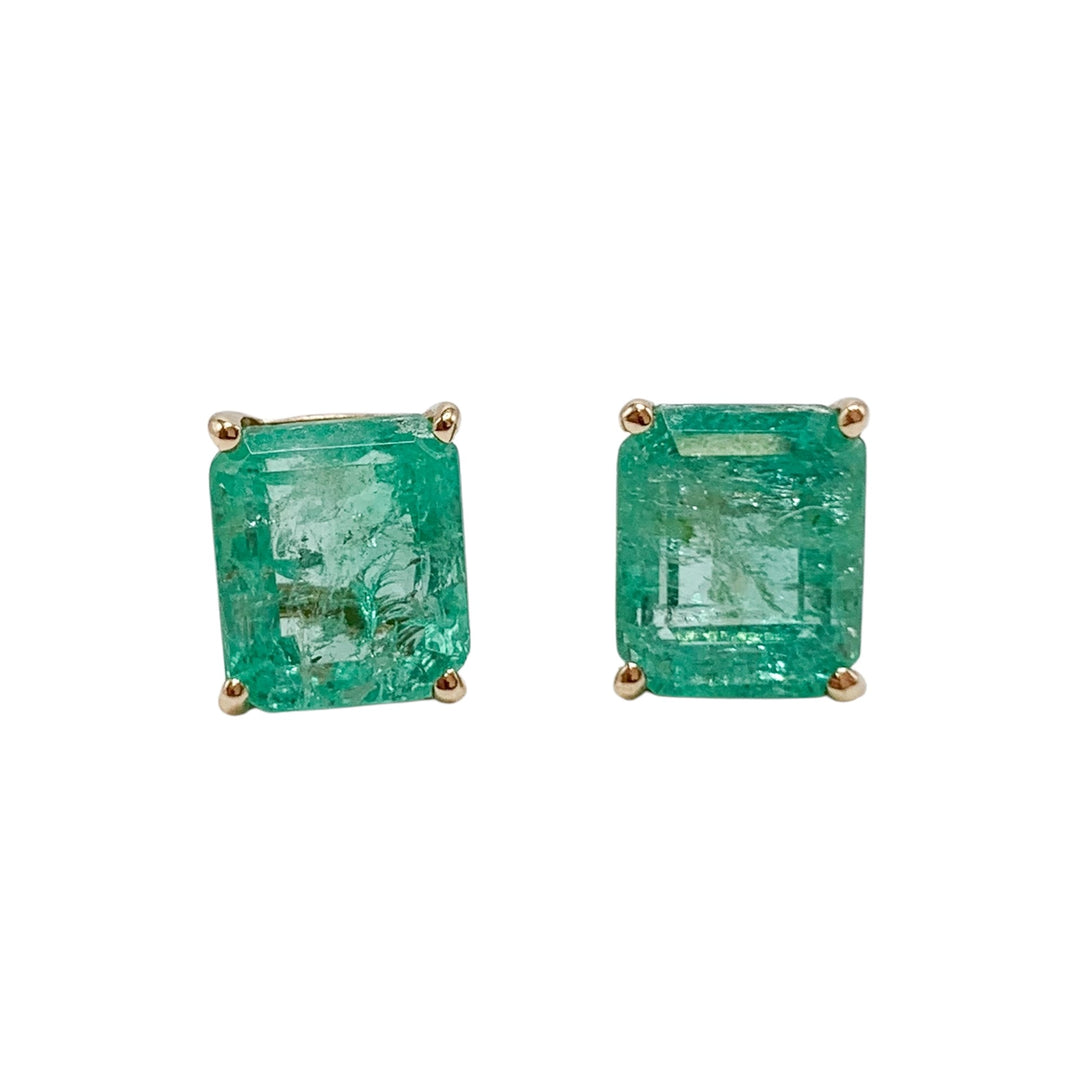 14k Yellow Gold Stud Emeralds Estate Earrings