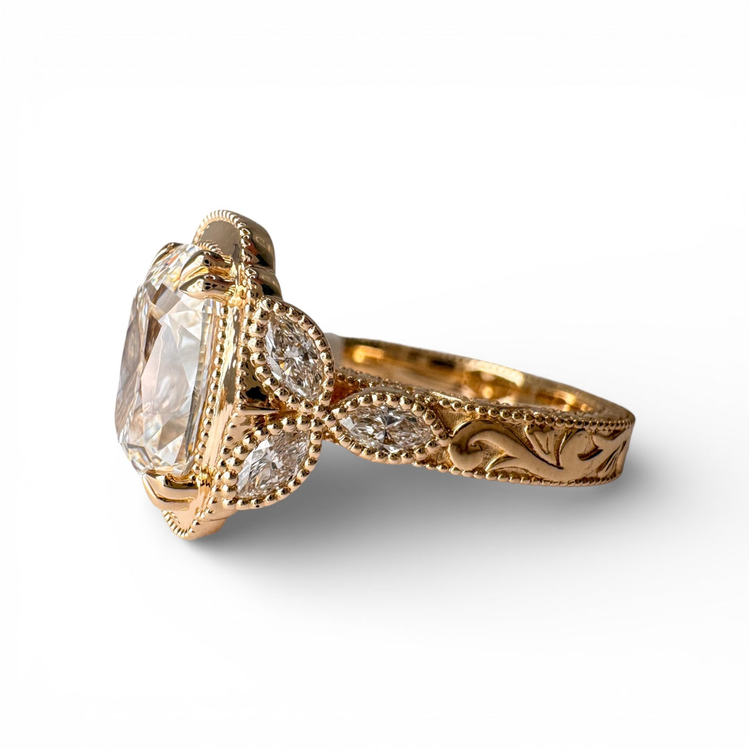 14k Yellow Gold Antique Style Cushion Lab Engagement Ring