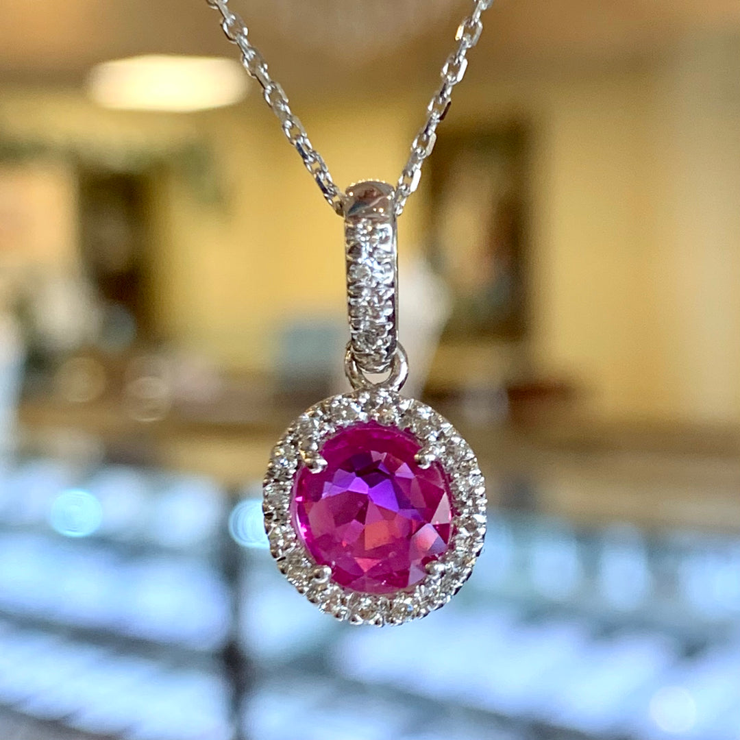 14k White Gold Pink Sapphire Halo Pendant