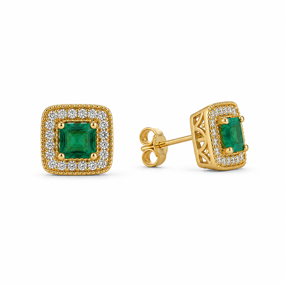 18k Halo Emerald Diamond Earrings