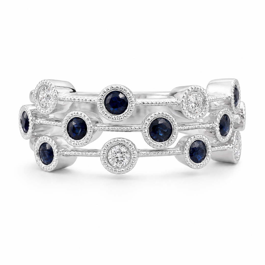 14k White Triple Row Diamond Sapphire Estate Ring