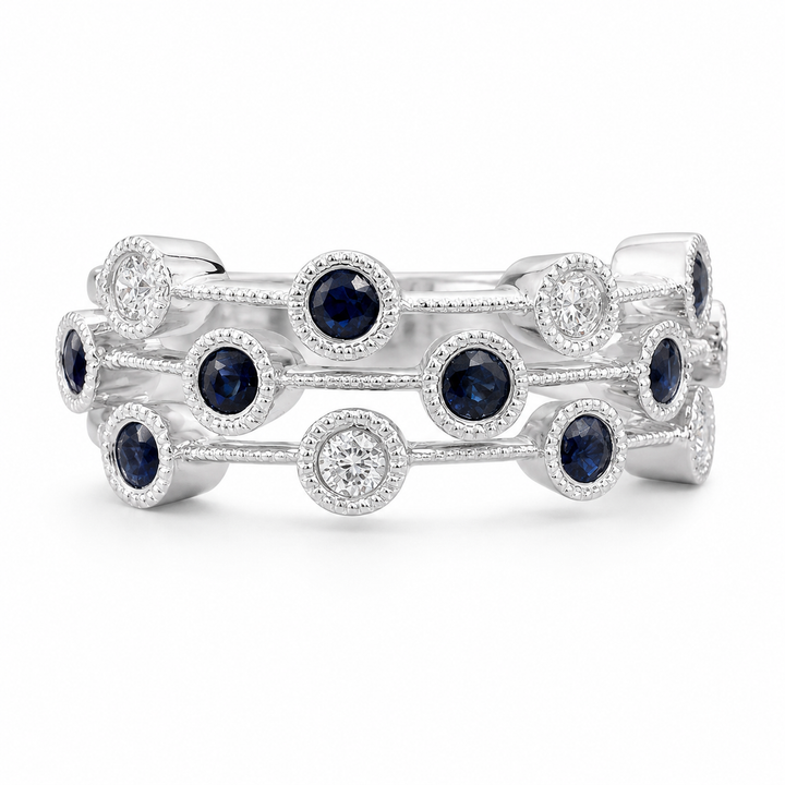 14k White Triple Row Diamond Sapphire Estate Ring