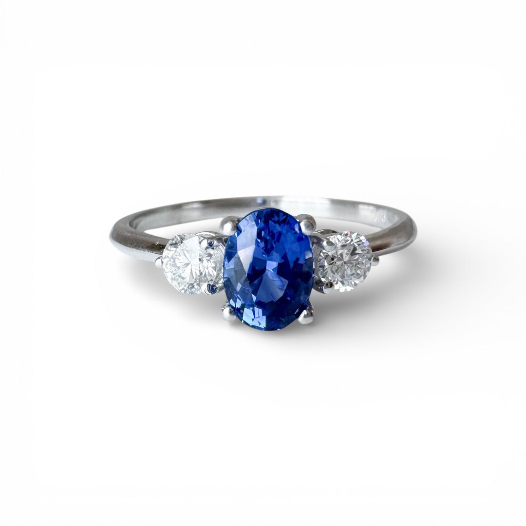 14k White Gold 3 Stone Sapphire Diamond Ring