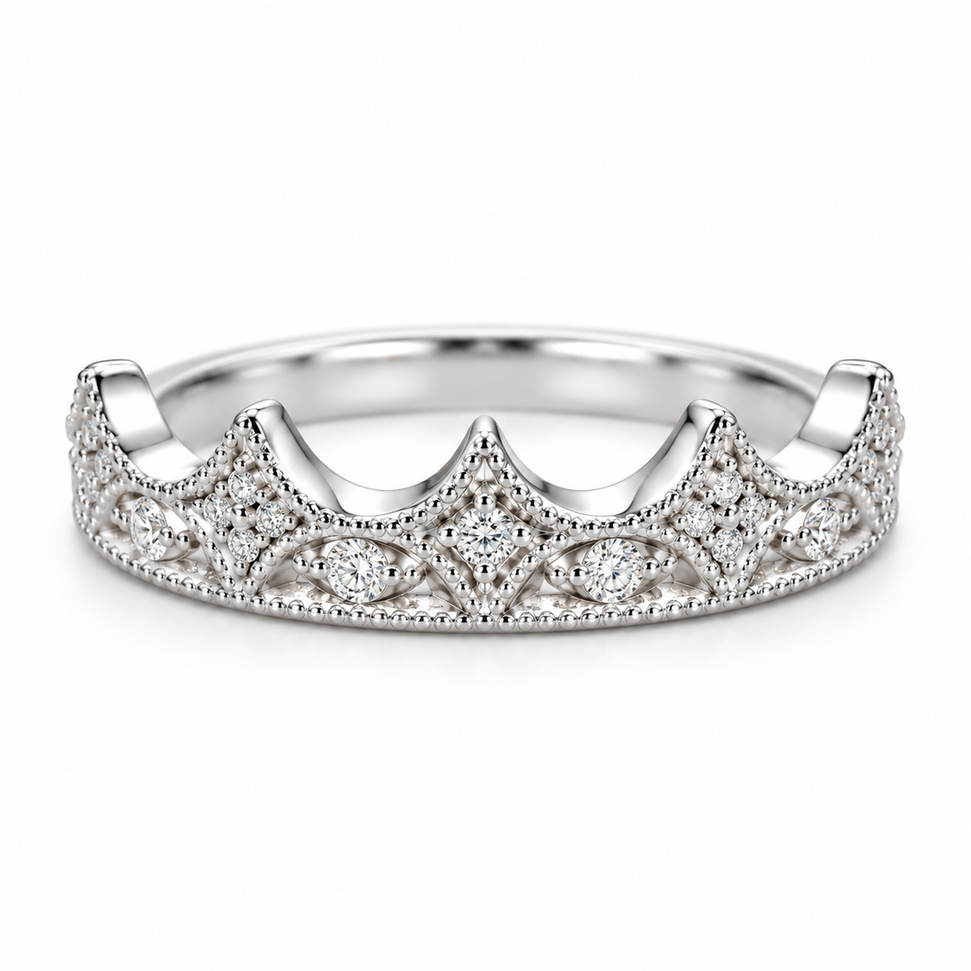 14k White Crown Diamond Estate Ring