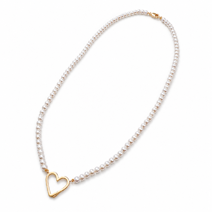 14k Yellow Gold Pearl Heart Lock Necklace