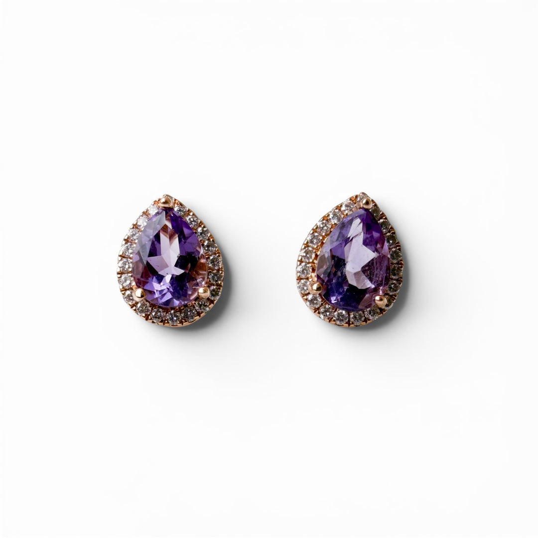 14k Rose Gold Halo Amethyst Estate Earrings