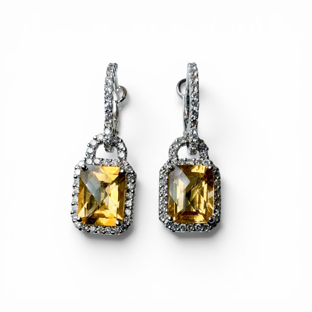 14k White Gold Drop Citrines Estate Earrings