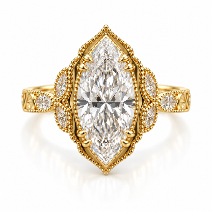 14k Yellow Gold Antique Style Marquise Lab Engagement Ring