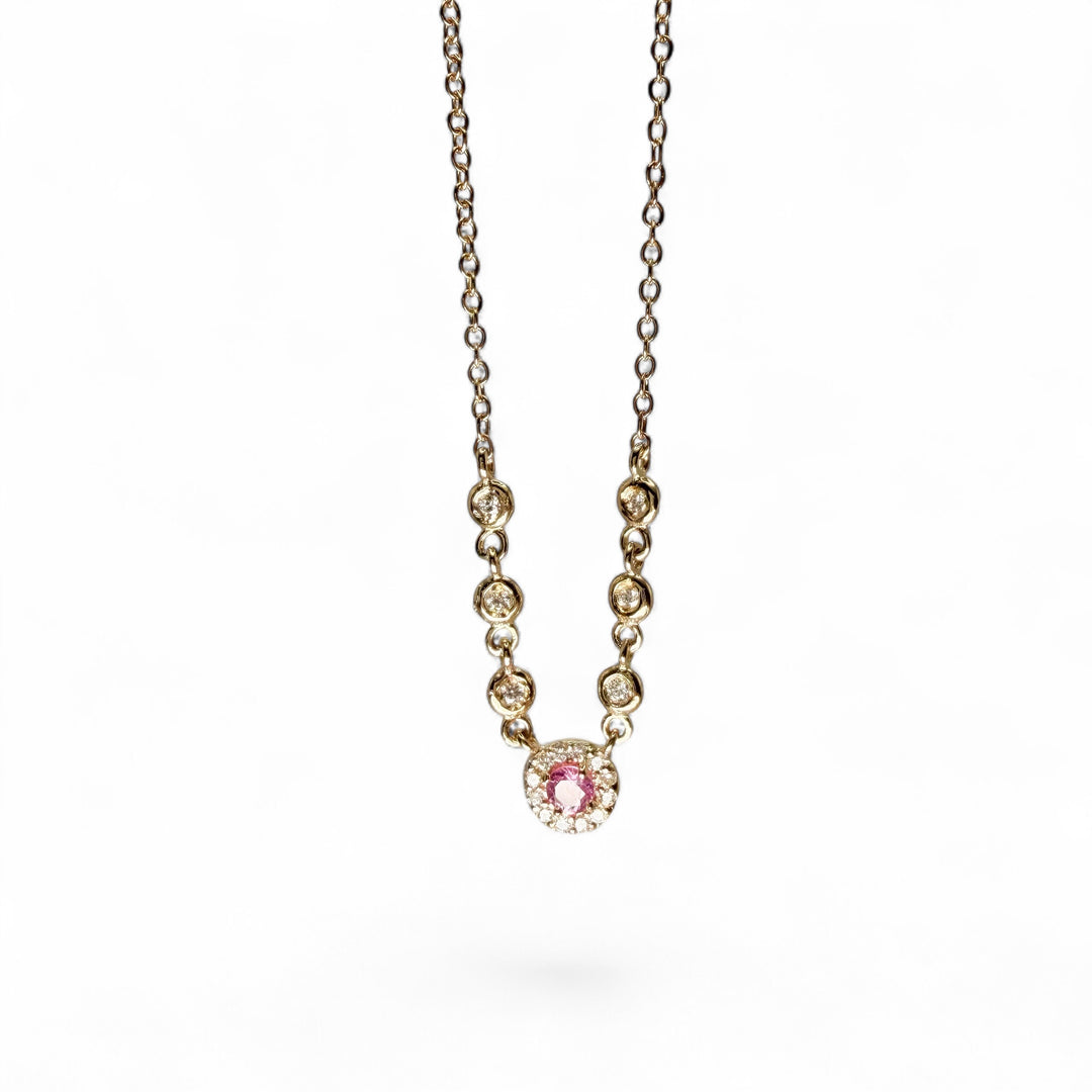 14k Yellow Gold Pink Sapphire Halo Pendant