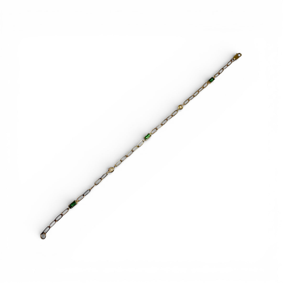 14k Yellow Gold Paper Clip Colored Stone Bracelet