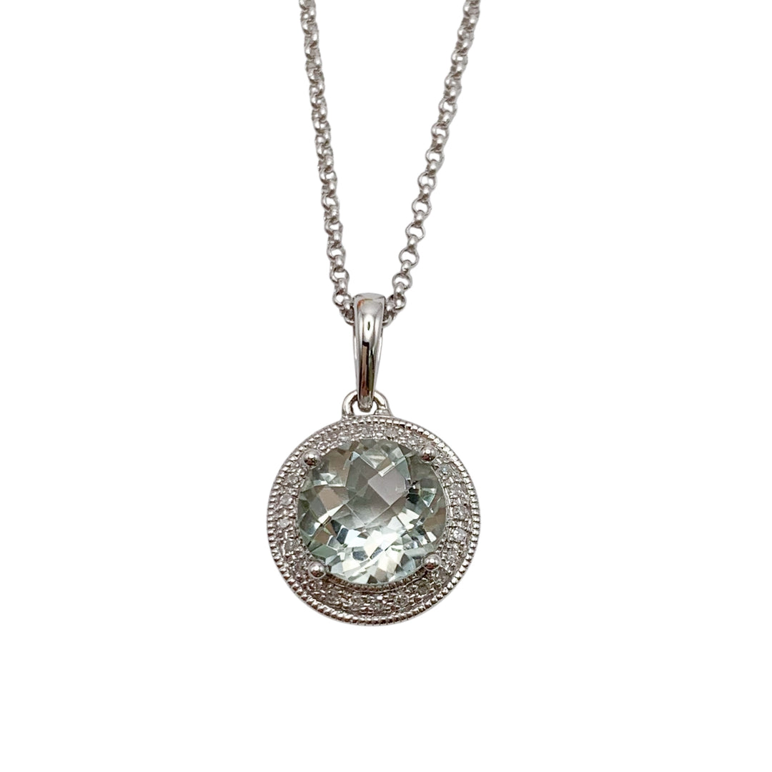 14k White Gold Halo Green Amethyst Pendant