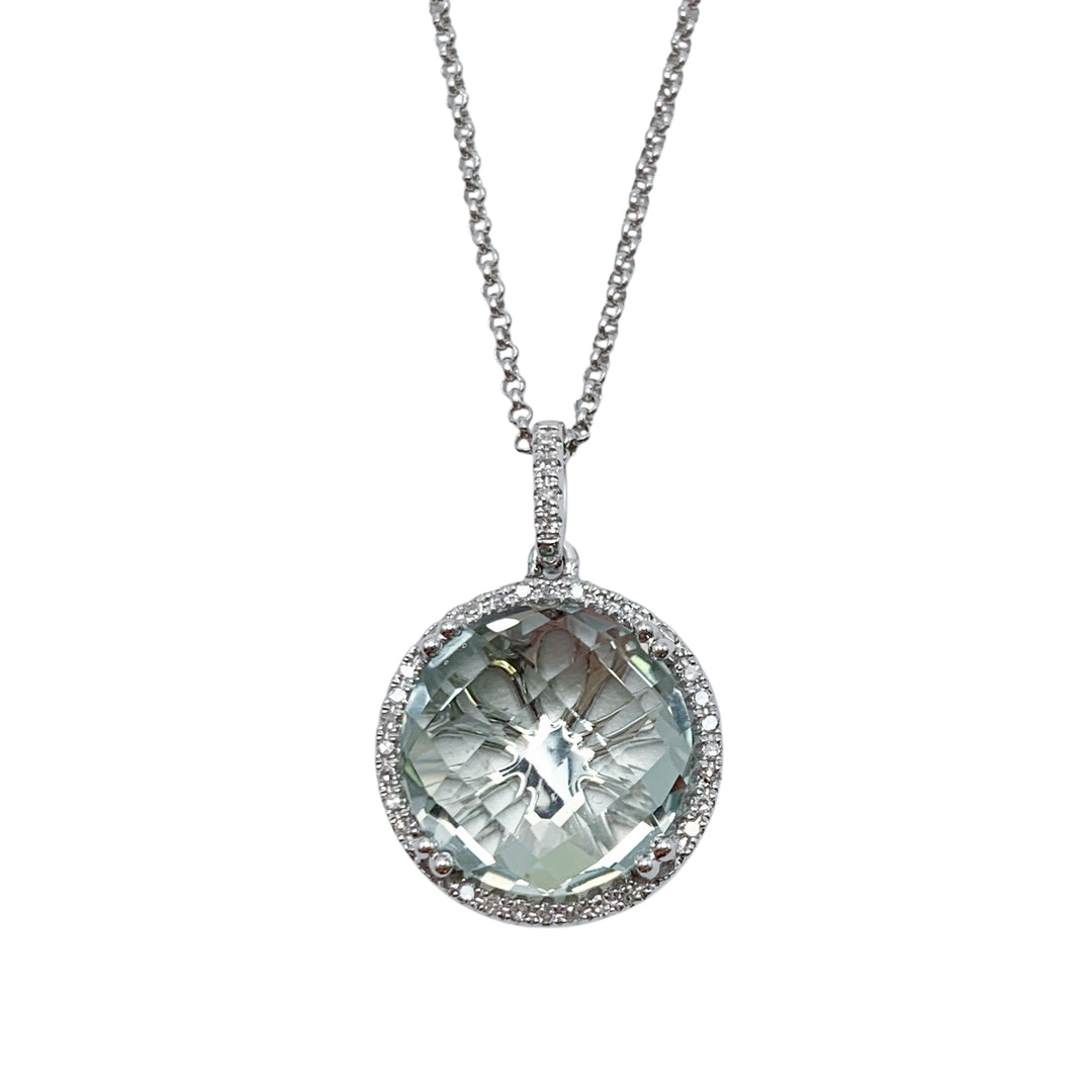 14k White Gold Halo Green Amethyst Pendant