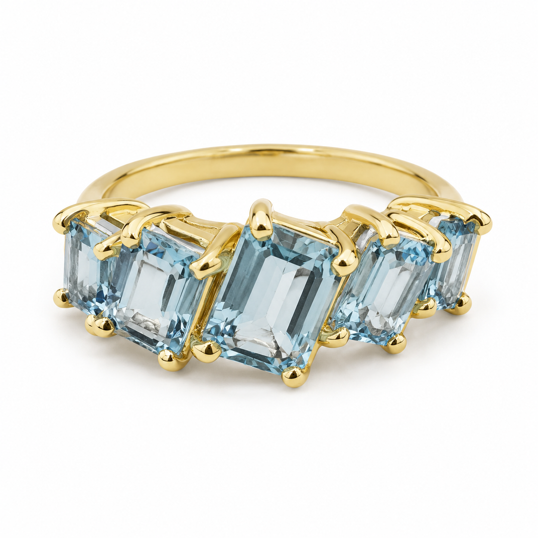 10k Yellow 5 Stone Blue Topaz Estate Ring