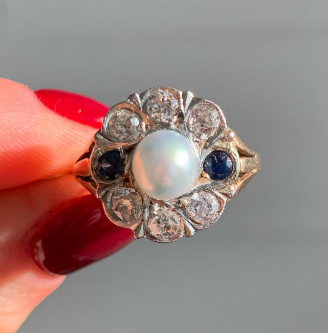 14k Yellow Gold Pearl Sapphire Estate Ring