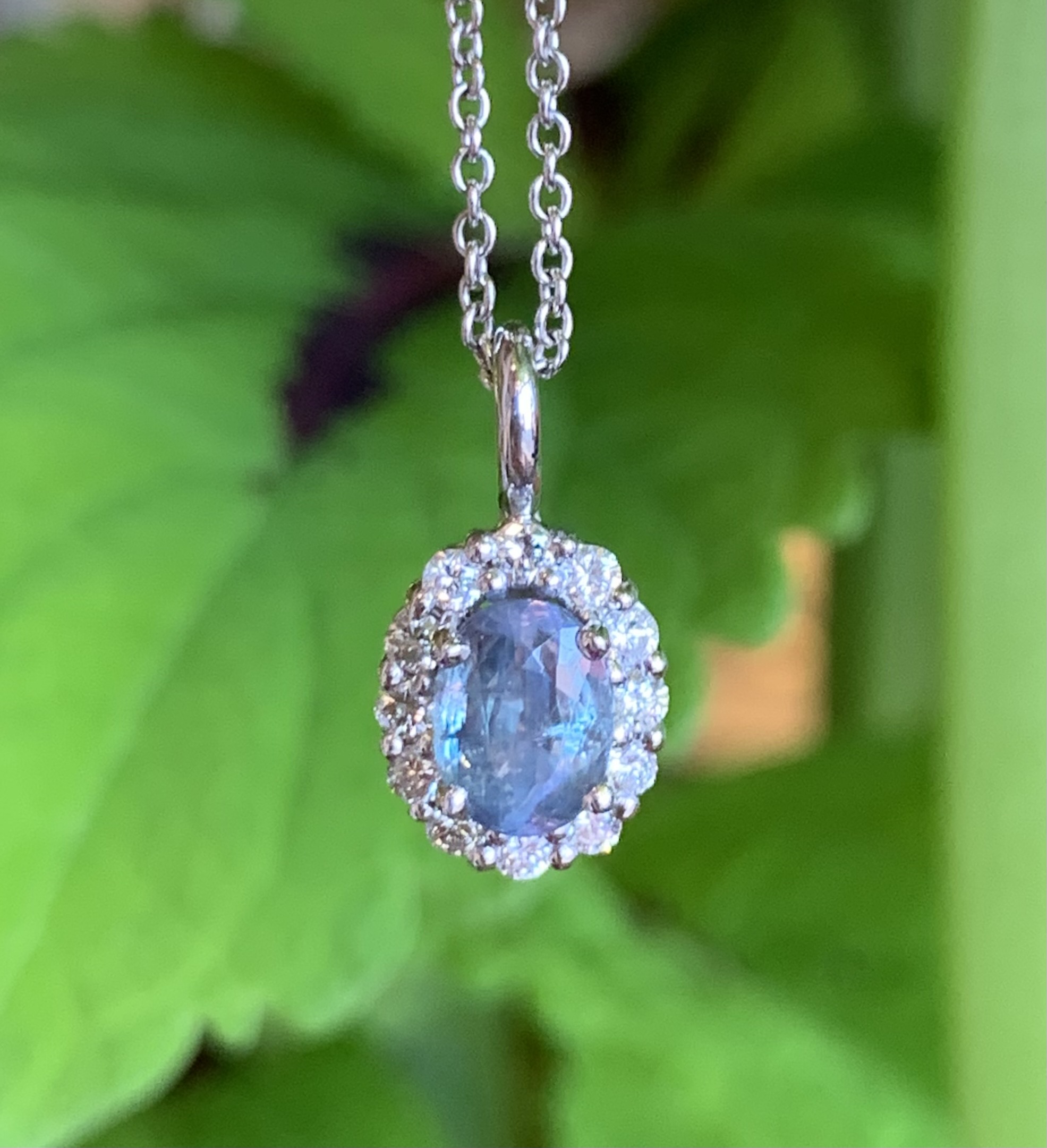 14KW Alexandrite and Natural Diamond Halo Pendant - Princess Jewelers